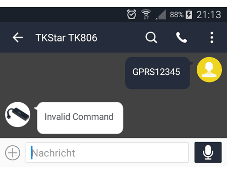 Fehlermeldung bei falscher Syntax eines SMS Befehls