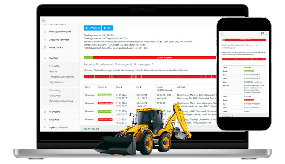 Auswertung von Betriebsstunden und Standzeiten bei Baumaschinen