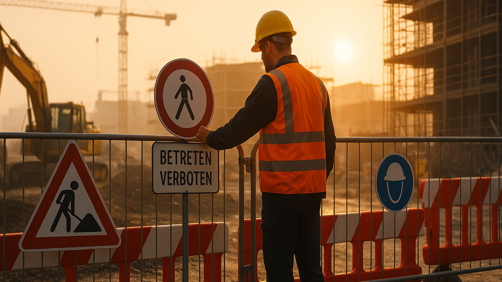 Baustelle mit Absicherung durch Bauzaun und Warnschilder
