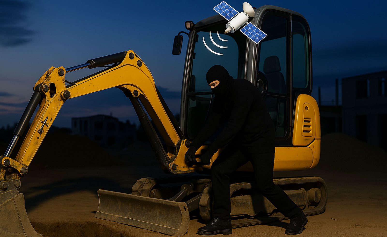 Minibagger und Dieb auf Baustelle mit GPS-Überwachung