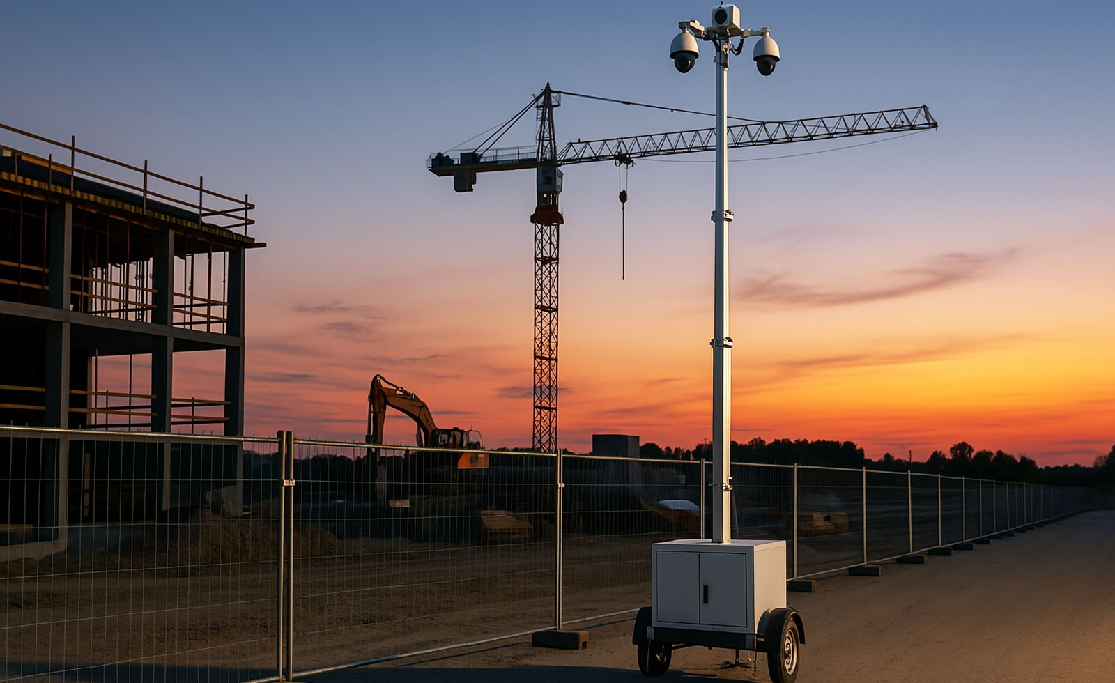 Baustelle mit Kameraturm zur Videoüberwachung.