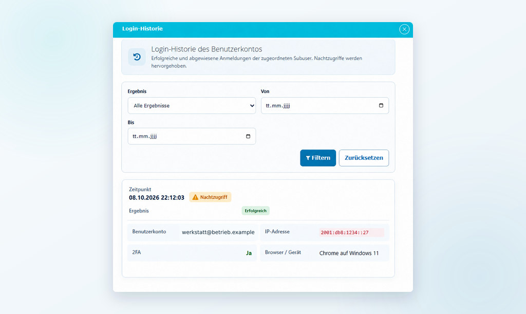 Filterbare Login-Historie eines Mitarbeiterzugangs mit Nachtzugriff, 2FA-Status und IP-Adresse
