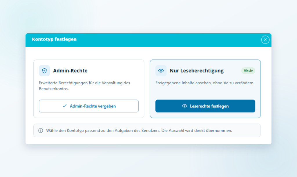 Auswahl zwischen Admin-Rechten und Leseberechtigung f&uuml;r einen Mitarbeiterzugang