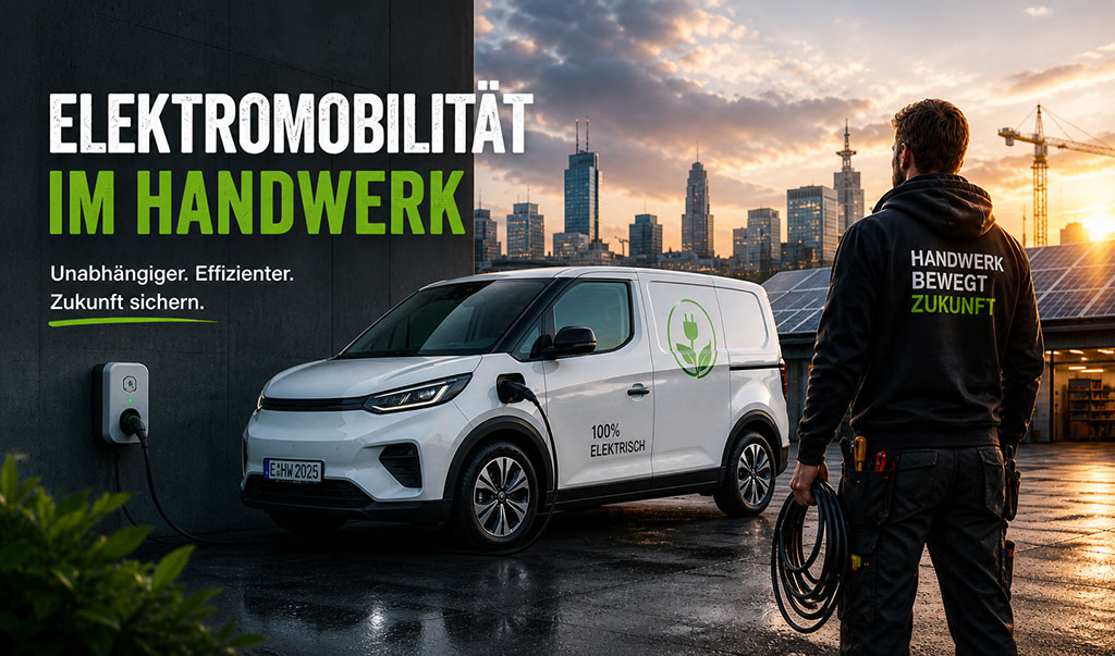Elektro Transporter im Handwerk beim Laden am Betrieb  - Elektromobilit&auml;t sorgt f&uuml;r planbare Kosten, hohe Effizienz und mehr Unabh&auml;ngigkeit im Arbeitsalltag.