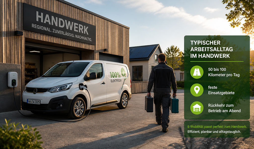 Elektromobilit&auml;t im Handwerk im Praxiseinsatz  - Elektro Transporter l&auml;dt am Betriebshof, w&auml;hrend typische Arbeitswege mit 50 bis 100 Kilometern t&auml;glich effizient und planbar abgedeckt werden.