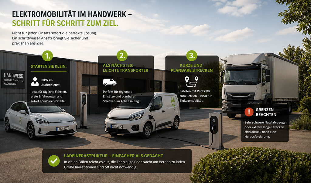 Grenzen: Schrittweiser Einstieg in die Elektromobilit&auml;t im Handwerk  - PKW und leichte Transporter f&uuml;r kurze, planbare Strecken, w&auml;hrend bei schweren Fahrzeugen noch Einschr&auml;nkungen bestehen.