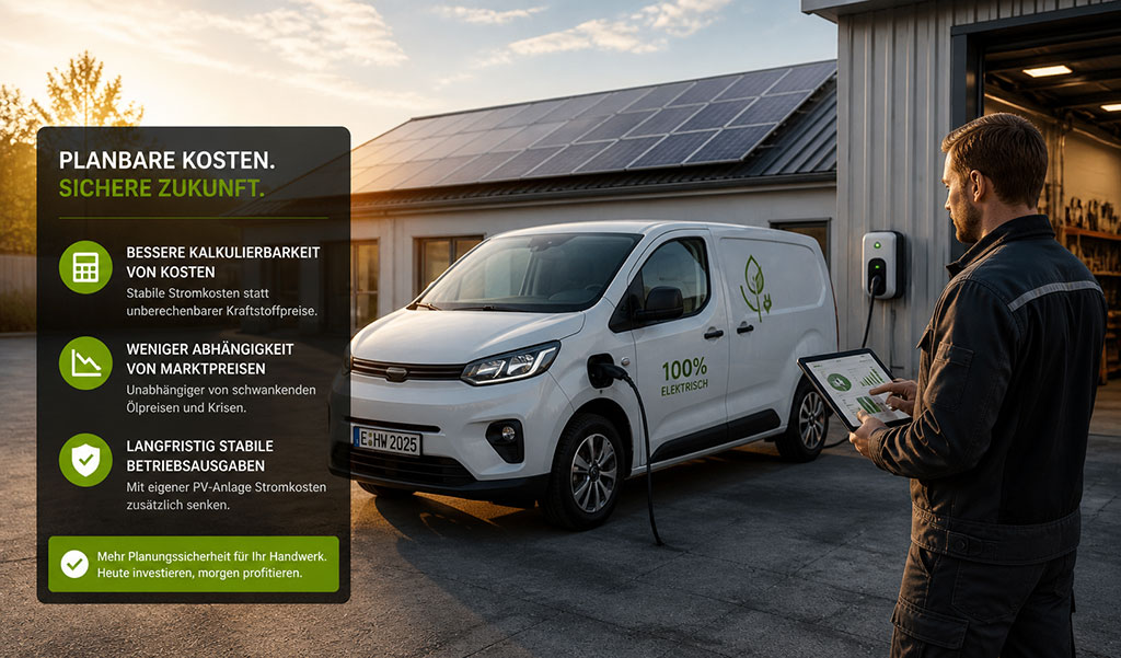 Planungssicherheit: Elektromobilit&auml;t im Handwerk mit eigener Photovoltaikanlage  - Elektro Transporter am Betrieb sorgt f&uuml;r planbare Stromkosten, weniger Abh&auml;ngigkeit von Energiepreisen und langfristig stabile Betriebsausgaben.