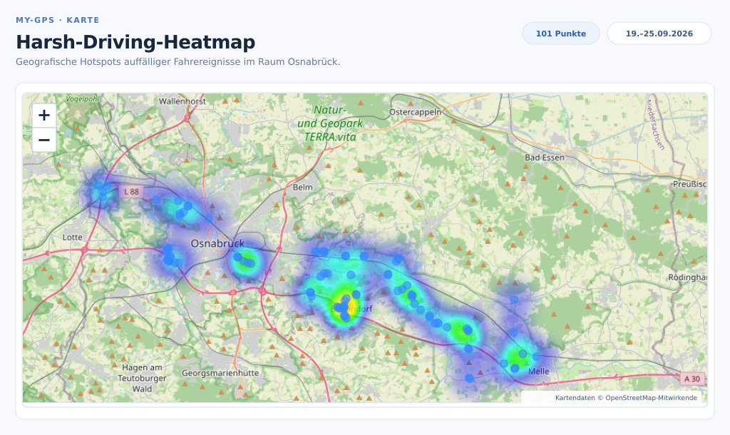 GPS Heatmap f&uuml;r starkes Bremsen, Beschleunigen und auff&auml;llige Kurven im Fuhrpark