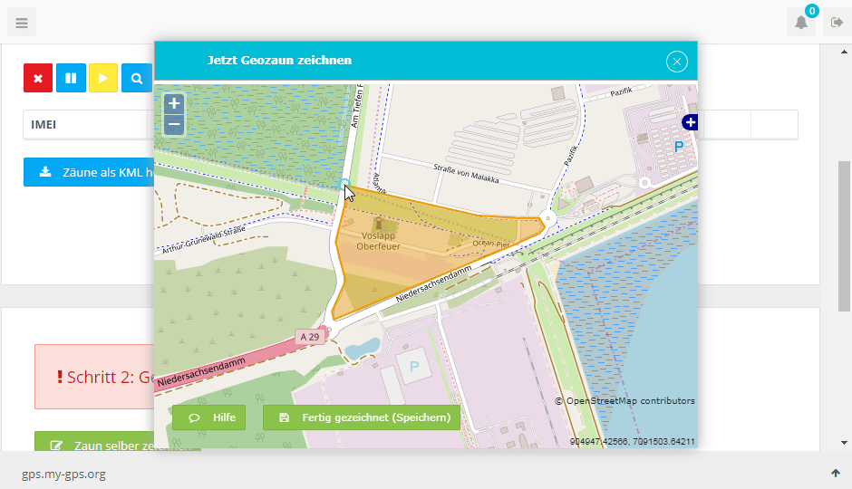 Geofence fertig gezeichnet, jetzt speichern Geofence fertig gezeichnet, jetzt speichern