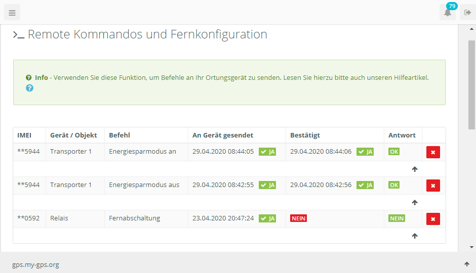 Fernsteuerung  - Status des Befehls an den GPS-Tracker