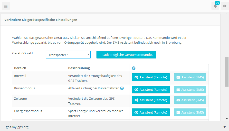 Verschiedene Befehle und Einstellungen an den GPS-Tracker per Fernwartung senden