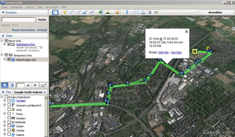 GPS-Wegstrecke Google Earth betrachten Ergebnis Fahrt Google Maps Karte