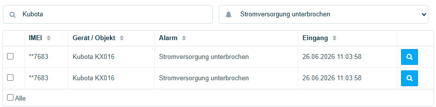 Alarmeingang Sortierung Filter