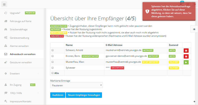 Empfänger Einladung GPS-Tracker Alarmkette abgelehnt verweigert