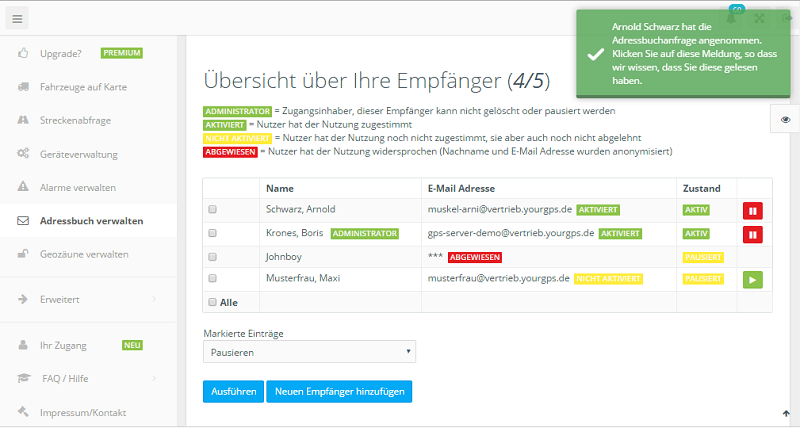 Empfänger Einladung GPS-Tracker Alarmkette angenommen akzeptiert