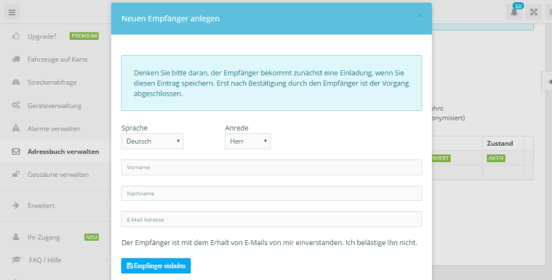 Einladen Empfänger GPS-Tracker Alarm Alarmkette