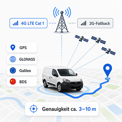 Moderne Mobilfunktechnik mit 4G LTE Cat 1, 2G-Fallback und einer Ortungsgenauigkeit von 3 bis 10 Metern
