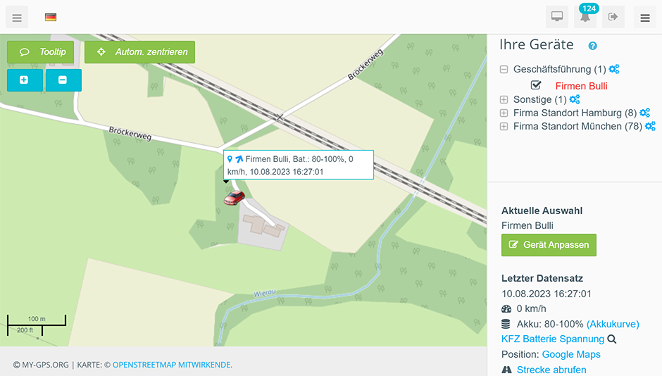 Screenshot GPS-Ortungsportal Dashboard Kontrollzentrum Echtzeit-Standort peilsender live-ortung tracking