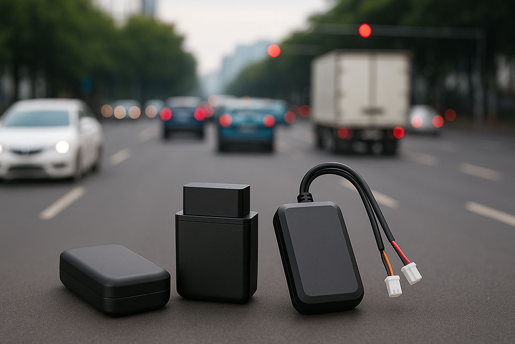 Verschiedene Bauformen von GPS-Trackern (Akku-Magnet, OBD und feste Verkabelung)