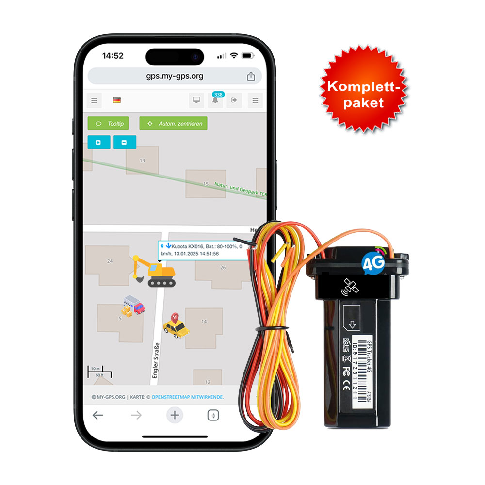 GPS Tracker Festeinbau mit Einmalzahlung - jetzt unverbindlich testen! ✓ Notfallakku ✓ Alarme ✓ inkl. SIM-Karte und Software ✓ 12-80V ✓ 4G LTE