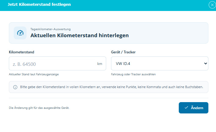 Formular im my-GPS Portal zum Hinterlegen des aktuellen Kilometerstands f&uuml;r das ausgew&auml;hlte Fahrzeug oder den Tracker