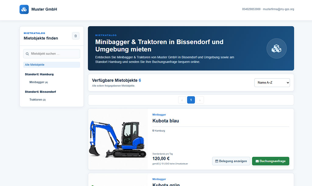 Eigene Online-Buchungsseite f&uuml;r Mietger&auml;te mit Suche, Standorten, Preisen und Buchungsanfrage