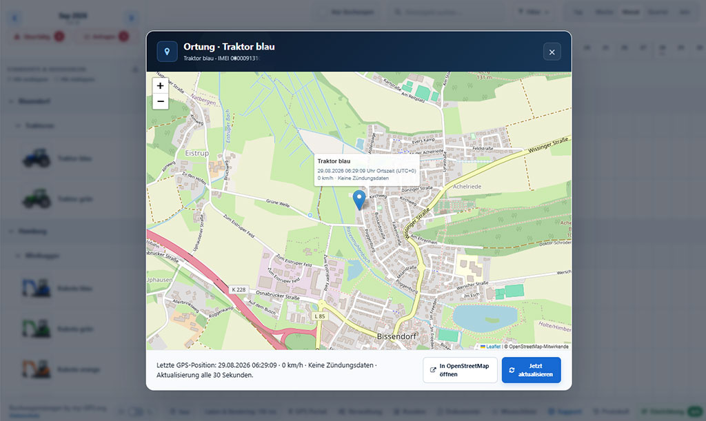 Live-Standort eines Mietger&auml;ts auf der GPS-Karte im Buchungskalender anzeigen