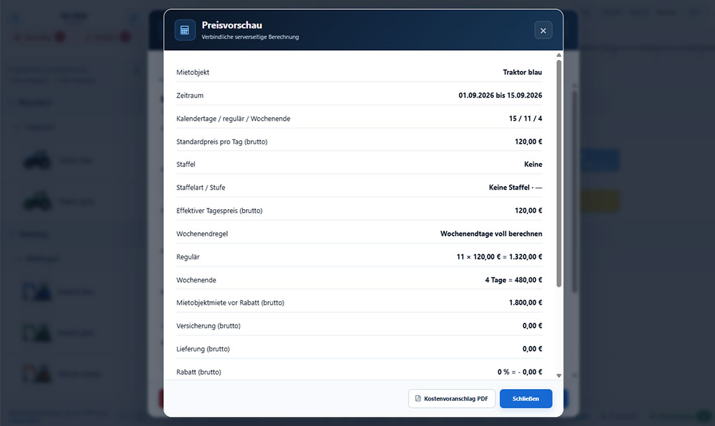 Automatische Mietpreisberechnung mit Preisvorschau und PDF-Kostenvoranschlag f&uuml;r Mietger&auml;te