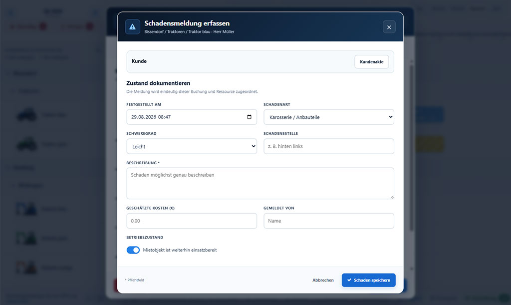 Digitale Schadensmeldung f&uuml;r Mietger&auml;te mit Schadenart, Schweregrad und gesch&auml;tzten Kosten