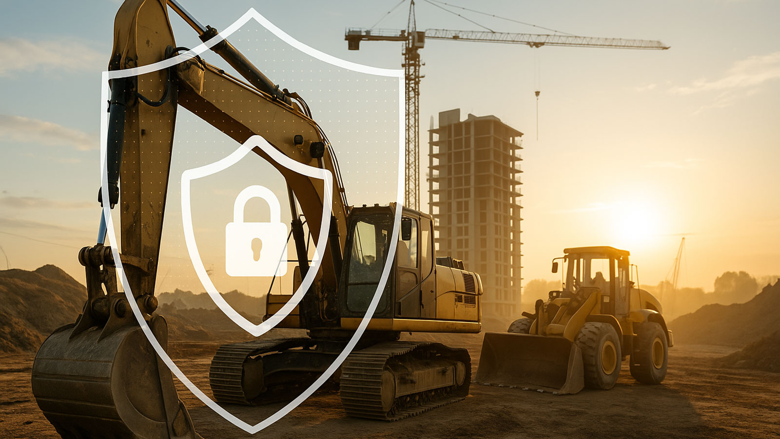 Baustelle mit Bagger, Radlader und Kran bei Sonnenuntergang, symbolisch für Maschinenversicherung im Bauwesen