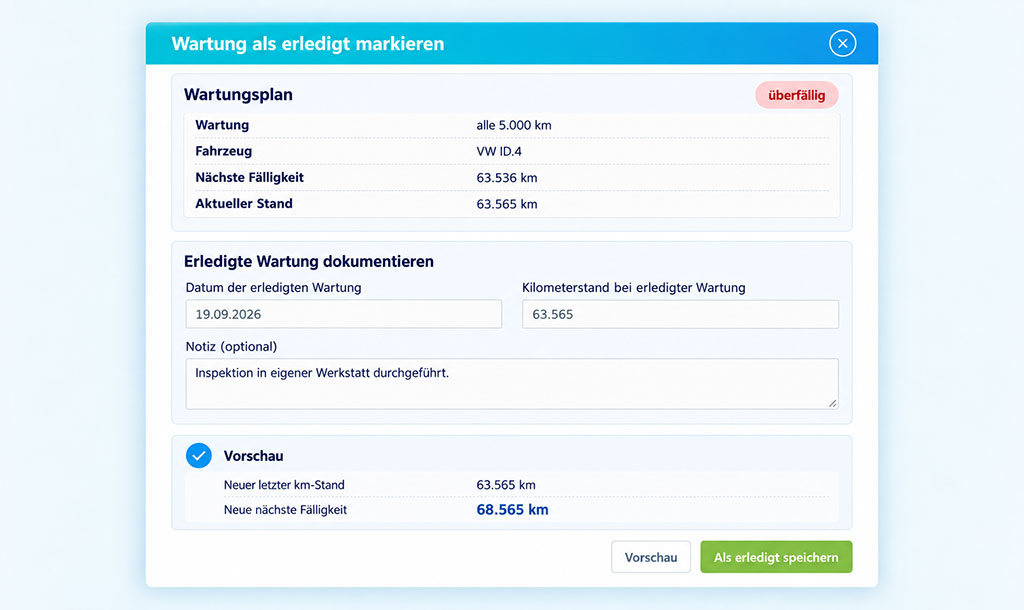 Erledigte Wartung mit Datum, Kilometer - oder Betriebsstundenstand und Notiz eintragen