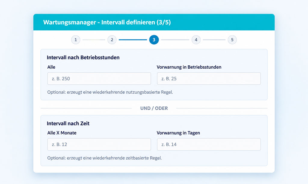 Wartungsintervall und Vorwarnung f&uuml;r ein Fahrzeug oder eine Maschine festlegen