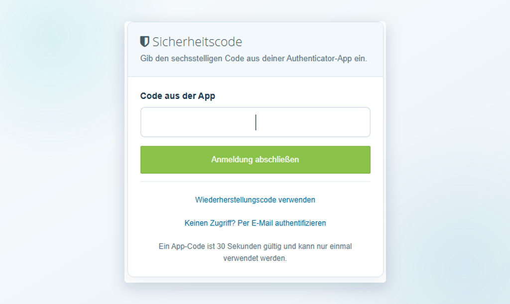 Sicherheitscode aus einer Authenticator-App beim Login eingeben