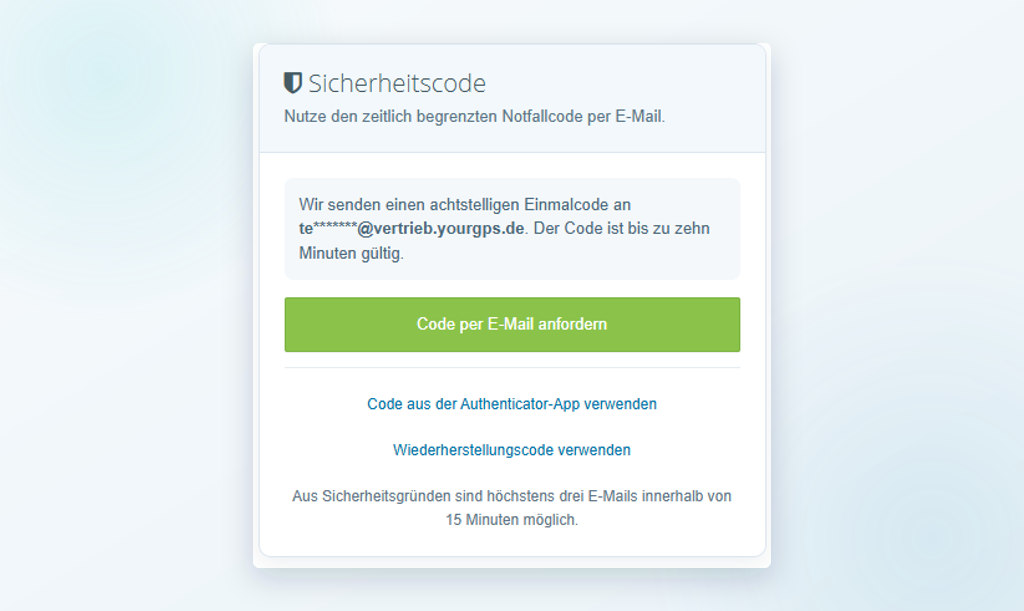Zeitlich begrenzten 2FA-Notfallcode per E-Mail anfordern