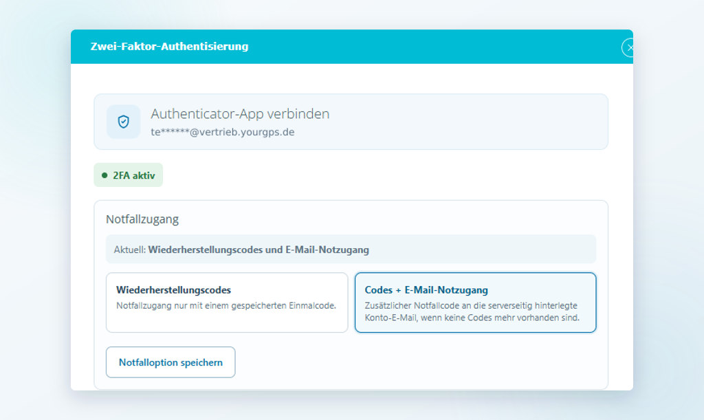 Zwei-Faktor-Authentifizierung und Notfallzugang im GPS-Portal verwalten